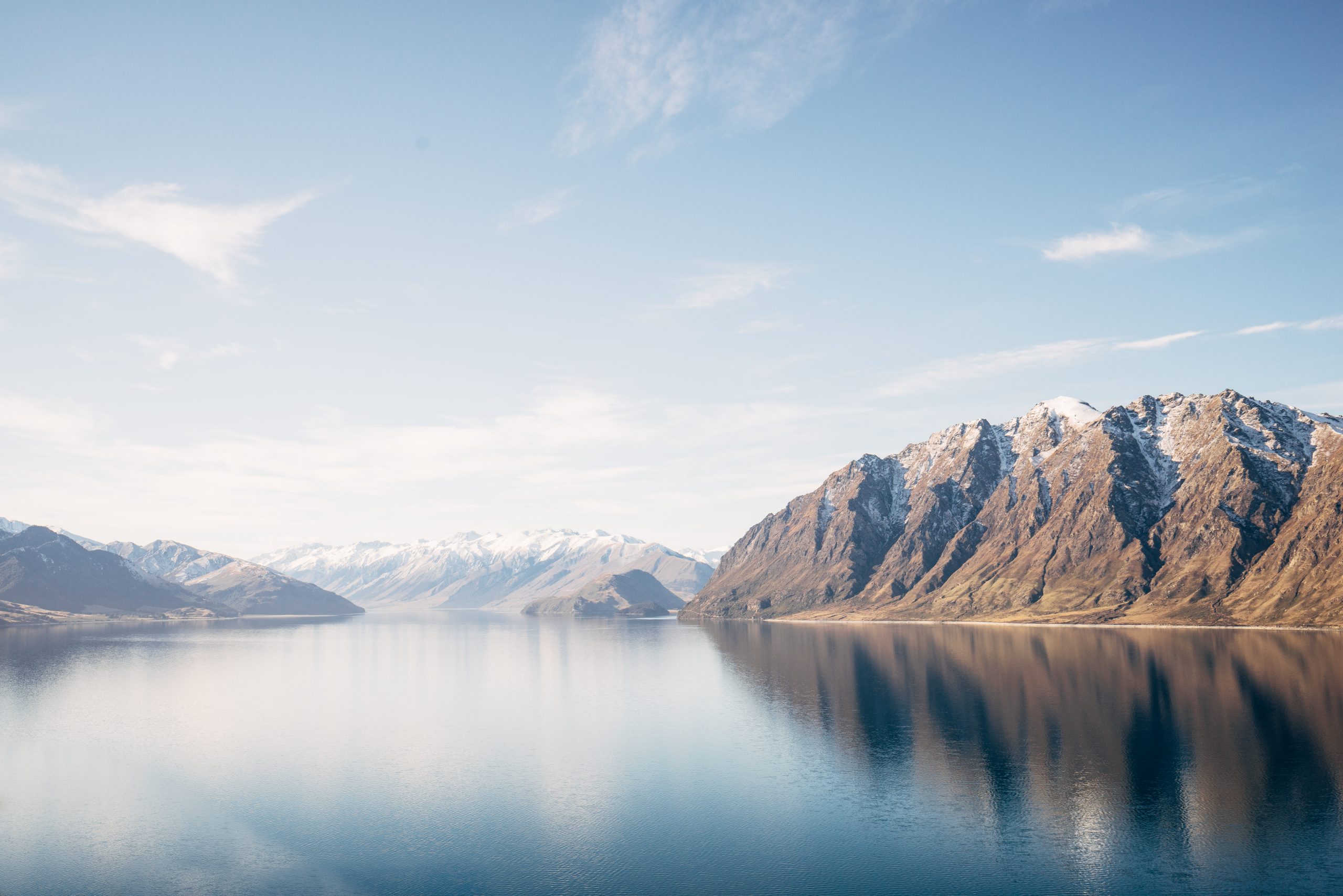 The mountains and water of Lake Hawea in the Wanaka region, New Zealand